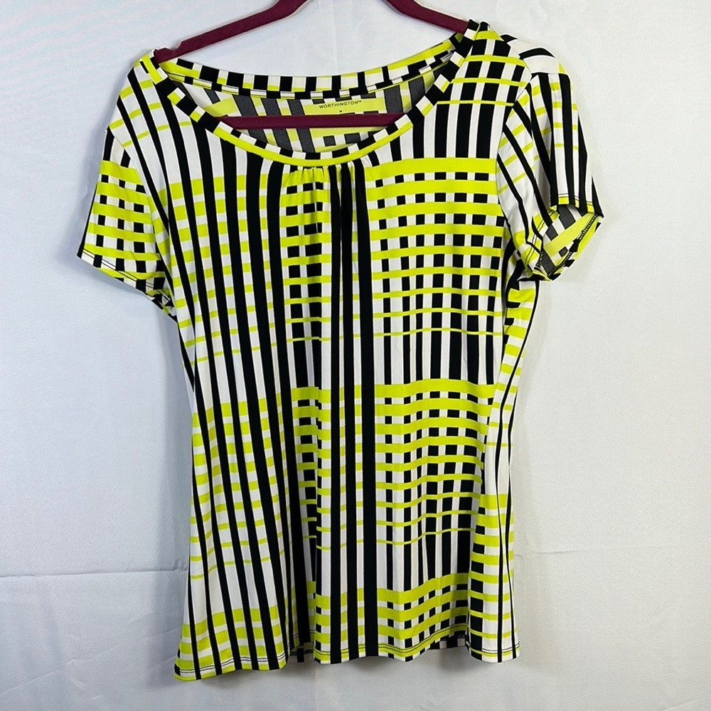 Worthington Short Sleeve Yellow,Black &White Stripe Blouse Size Medium Like New